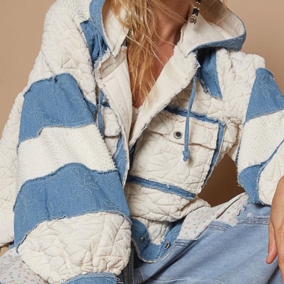 200. 🛑POL AT COST! quilted COAT JACKET wash denim blue cream mix fabric thermal - Picture 2 of 6